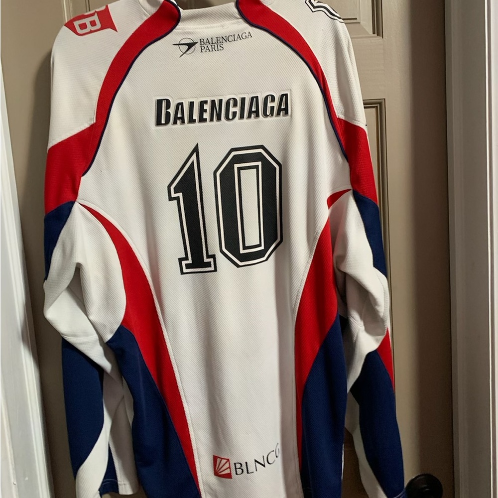 BALENCIAGA Hockey Long Sleeve T-shirt in red/white/ and blue